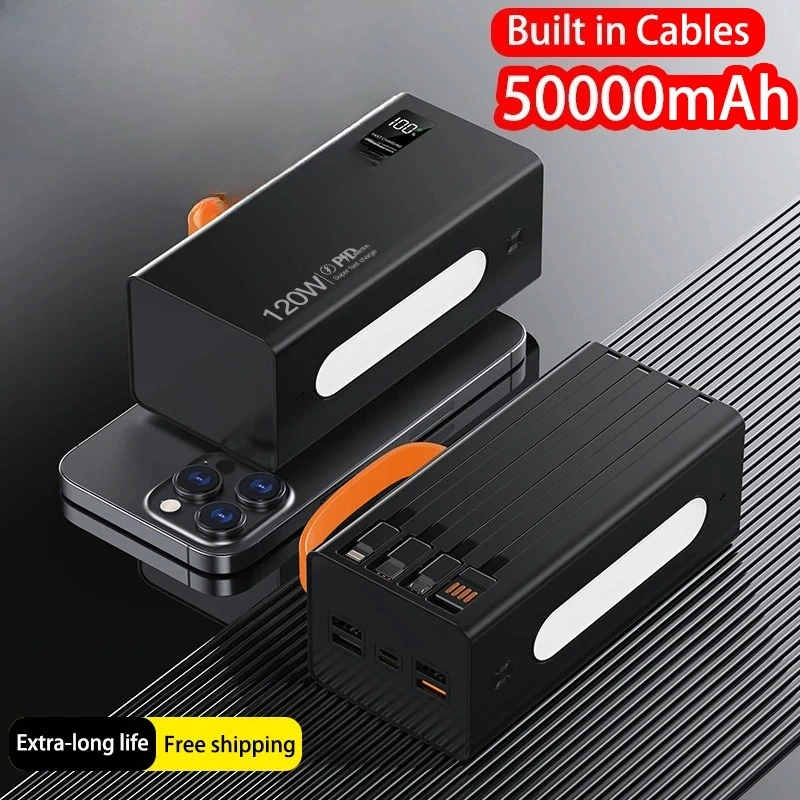 Ccc 50000mAh 120W Fast Charging Built in 4 Cables movableCharger External Battery Power Bank for Smartphones