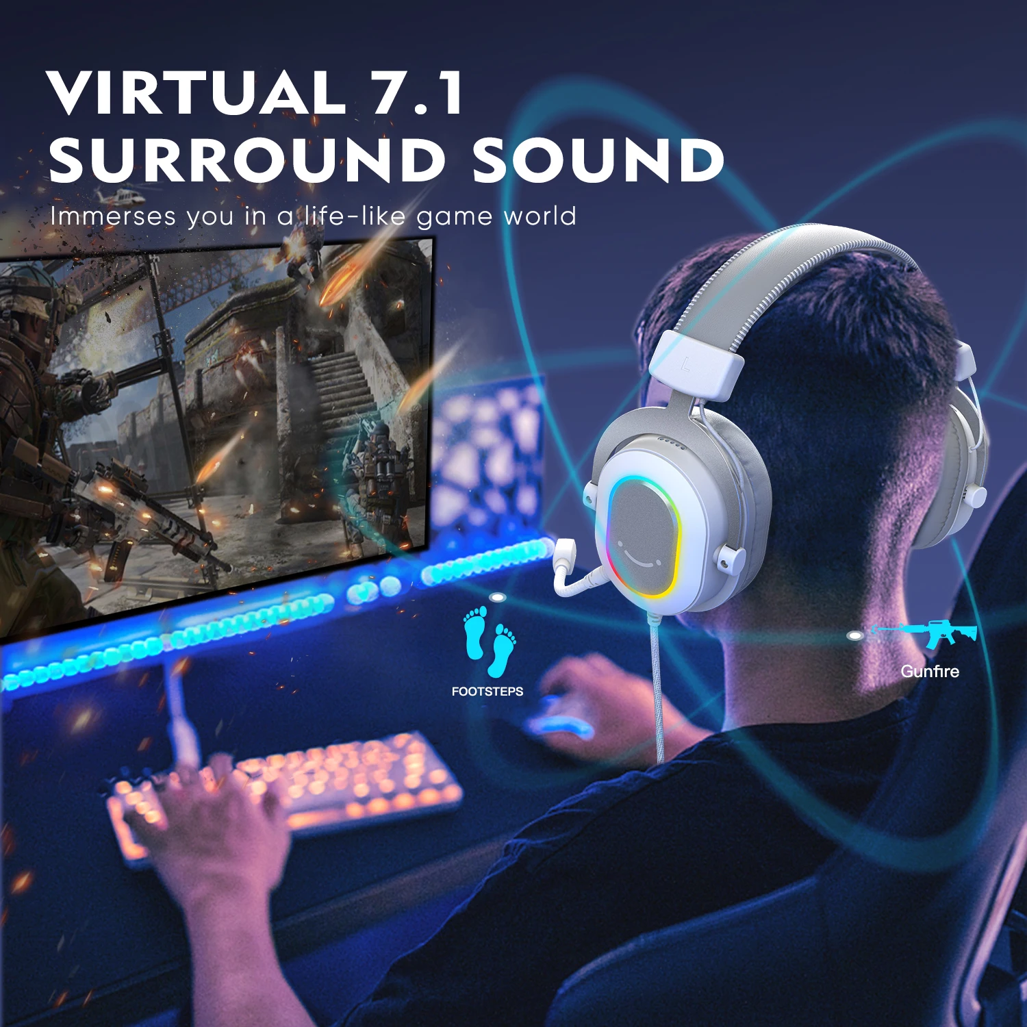 RGB Gaming Headset with 7.1 Surround Sound/3-EQ/MIC,Over-ear Headphone with In-line Control for PC PS4 PS5 Ampligame-H6W - Image 2