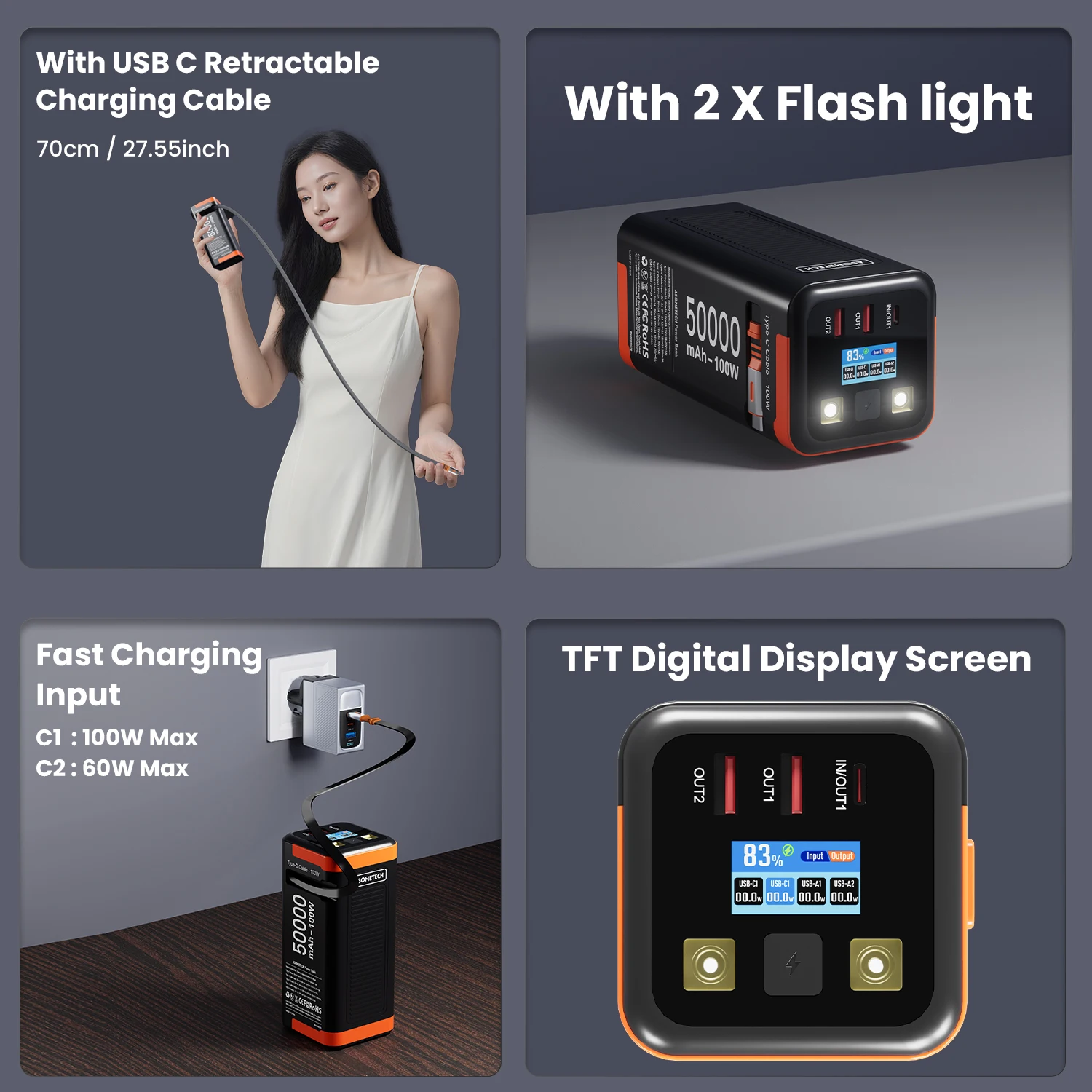 Power Bank 50000mAh 100W PD PPS Super Fast Charging movableSpare Battery Type-C Retractable Cable Powerbank For Phone Laptop - Image 3