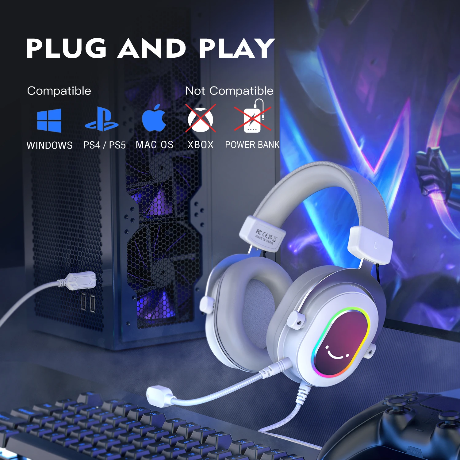 RGB Gaming Headset with 7.1 Surround Sound/3-EQ/MIC,Over-ear Headphone with In-line Control for PC PS4 PS5 Ampligame-H6W - Image 6
