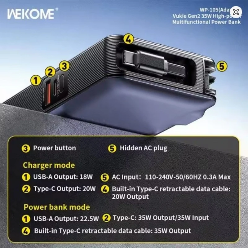 10000mAh  power bank charger mobile power 35W with plug aircraft can carry super fast charging Retractable Line - Image 2