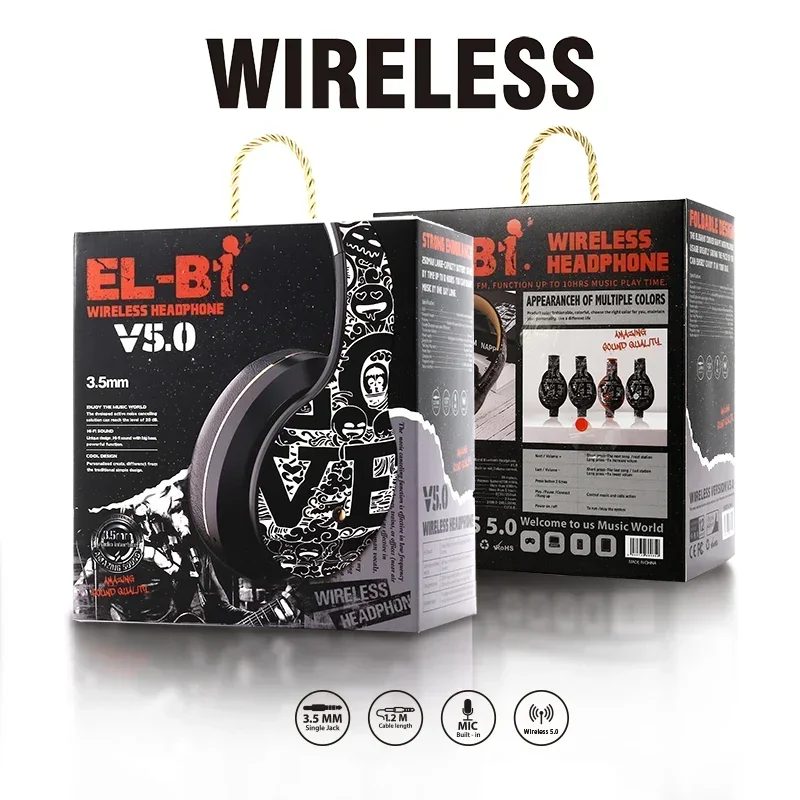 Graffiti Design Wireless Over Ear Headphones Foldable Adjustable Bluetooth AUX 3.5mm Wired FM TF Card Heavy bass Earmuff Headset - Image 4