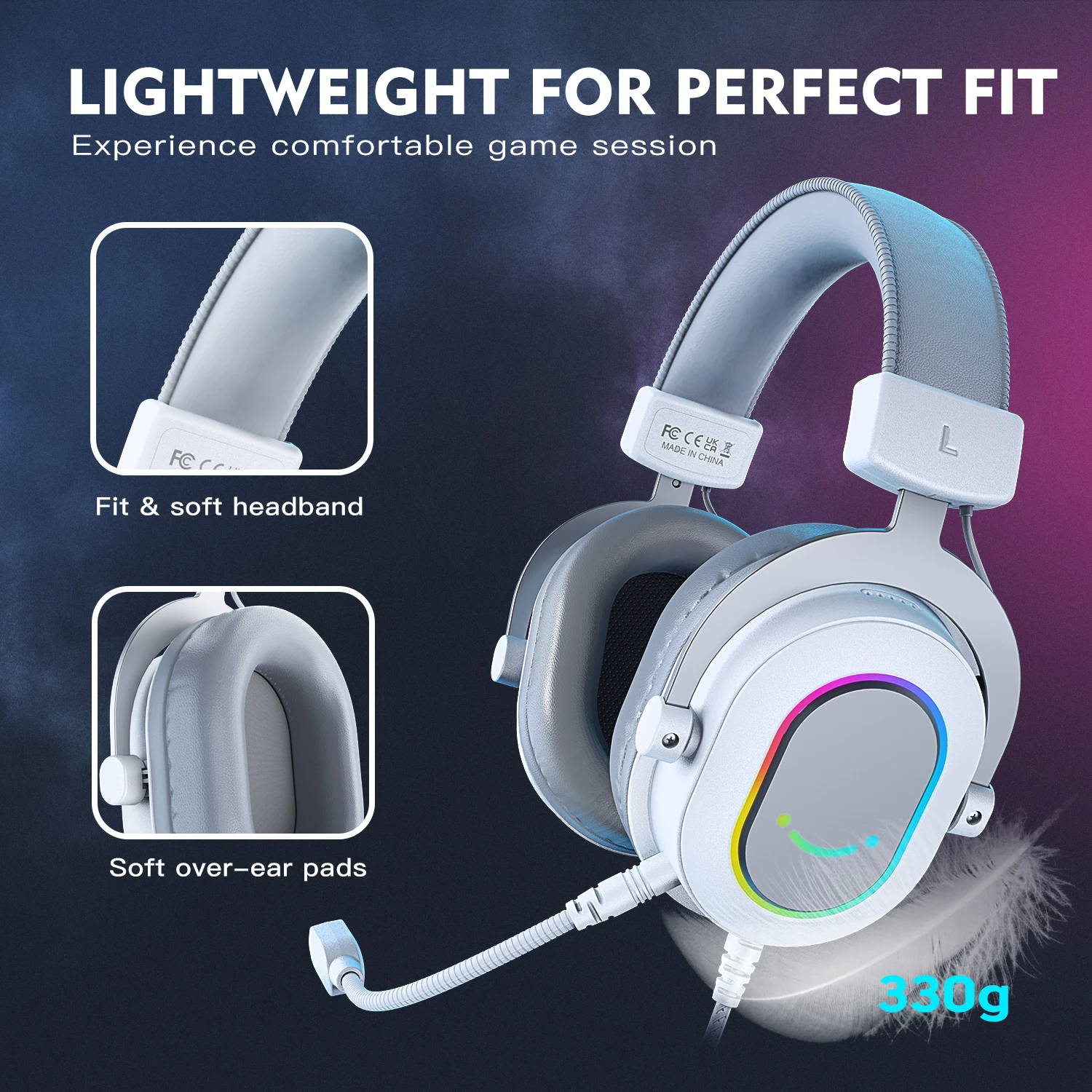 RGB Gaming Headset with 7.1 Surround Sound/3-EQ/MIC,Over-ear Headphone with In-line Control for PC PS4 PS5 Ampligame-H6W - Image 3