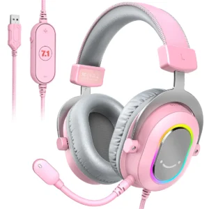 RGB Gaming Headset with 7.1 Surround Sound/3-EQ/MIC,Over-ear Headphone with In-line Control for PC PS4 PS5 Ampligame-H6W - Pink