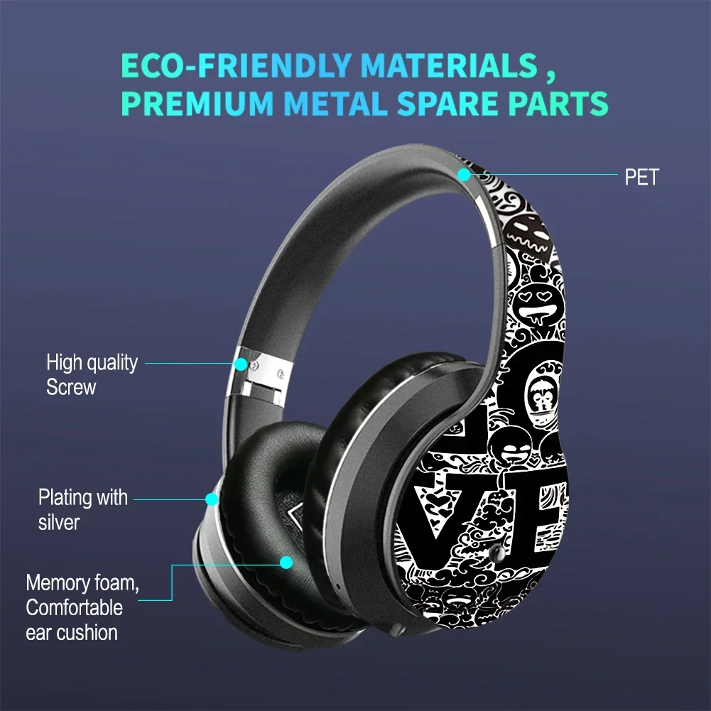 Graffiti Design Wireless Over Ear Headphones Foldable Adjustable Bluetooth AUX 3.5mm Wired FM TF Card Heavy bass Earmuff Headset - Image 3