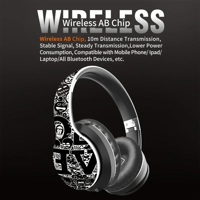 Graffiti Design Wireless Over Ear Headphones Foldable Adjustable Bluetooth AUX 3.5mm Wired FM TF Card Heavy bass Earmuff Headset - Image 6